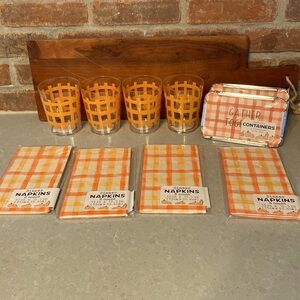 4-8 packs napkins with 4 matching tumblers and 4 matching left over containers